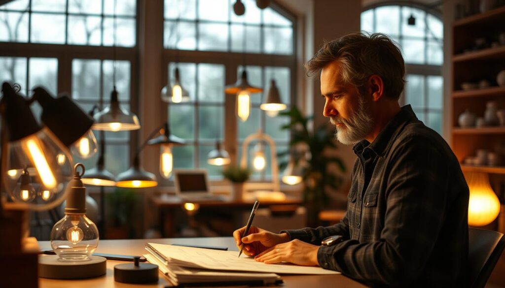 A cozy, well-lit interior with a thoughtful lighting designer at work. In the foreground, a focused individual sketches designs, their face illuminated by the soft glow of a desk lamp. The middle ground showcases an array of lighting fixtures, each with its own unique shape and character. In the background, expansive windows allow natural light to filter in, casting warm shadows and highlighting the designer's creative process. The mood is one of contemplation and inspiration, as the designer's passion for lighting shines through in the carefully crafted environment.
