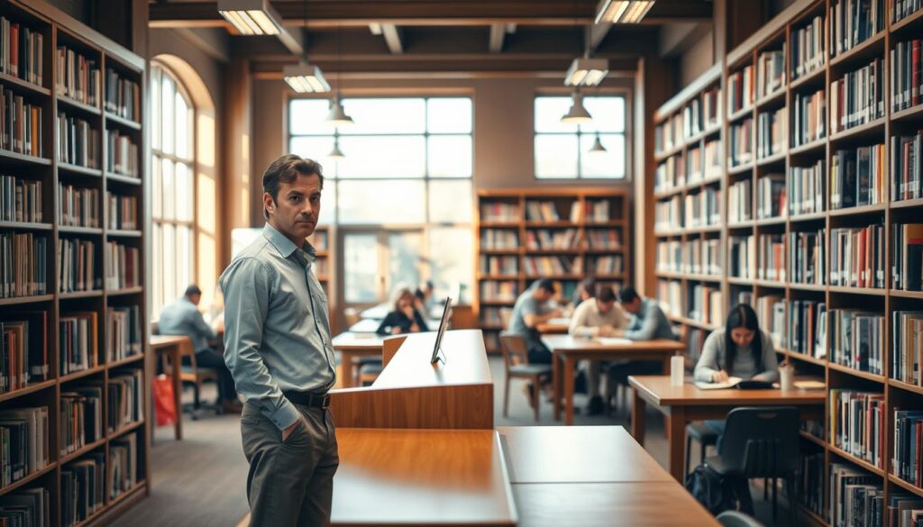 A cozy, well-lit library interior with a focused librarian standing behind a wooden circulation desk. The librarian, wearing a crisp button-up shirt and neatly pressed slacks, has an attentive expression as they assist a patron. Bookshelves line the walls, filled with a diverse collection of literature. Warm, natural lighting filters in through large windows, creating a welcoming ambiance. In the background, a group of patrons are seated at study tables, engrossed in their research materials. The scene conveys the librarian's dedication to customer service, organization, and fostering a productive, scholarly environment.