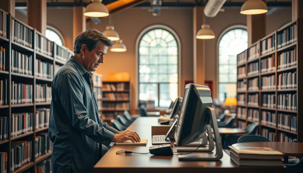 A cozy, well-lit library interior, with an experienced librarian standing at the circulation desk, surrounded by bookshelves and reading nooks. The librarian is intently focused, typing on a computer, exemplifying the professional skills and dedication required to thrive in this role. Soft, warm lighting filters through large windows, creating a serene and inviting atmosphere. The scene conveys the importance of continuous learning and development for library professionals, who must adapt to evolving technologies and patron needs to deliver exceptional service.