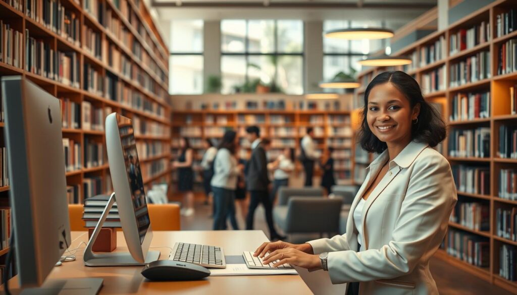 A cozy, well-lit library interior with floor-to-ceiling bookshelves. In the foreground, a librarian in a crisp, professional outfit stands at a circulation desk, typing on a sleek computer. The librarian's face radiates a sense of purpose and dedication. In the middle ground, patrons of diverse ages browse the shelves, immersed in the tranquil atmosphere. Soft, natural lighting filters through large windows, casting a warm glow throughout the space. In the background, a modern reading lounge invites visitors to sit and lose themselves in the written word. The overall scene conveys the rewarding career path and promising future of a library science professional.