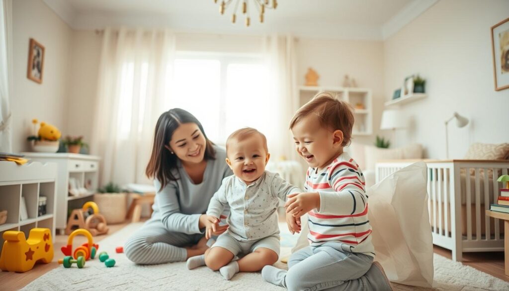 A cozy, well-lit nursery setting with a warm, inviting atmosphere. In the foreground, a nanny interacts playfully with a young child, demonstrating patience, care, and attentiveness. The nanny's expression conveys a nurturing demeanor, while the child's joyful expression highlights the nanny's ability to engage and connect. In the middle ground, educational toys, books, and a comfortable seating area suggest the nanny's skills in creating a stimulating and enriching environment. The background features soothing pastel walls, soft lighting, and subtle decor that complement the overall serene and harmonious mood. The composition emphasizes the nanny's essential skills, such as child development knowledge, emotional intelligence, and a talent for providing a safe, loving, and educational space.
