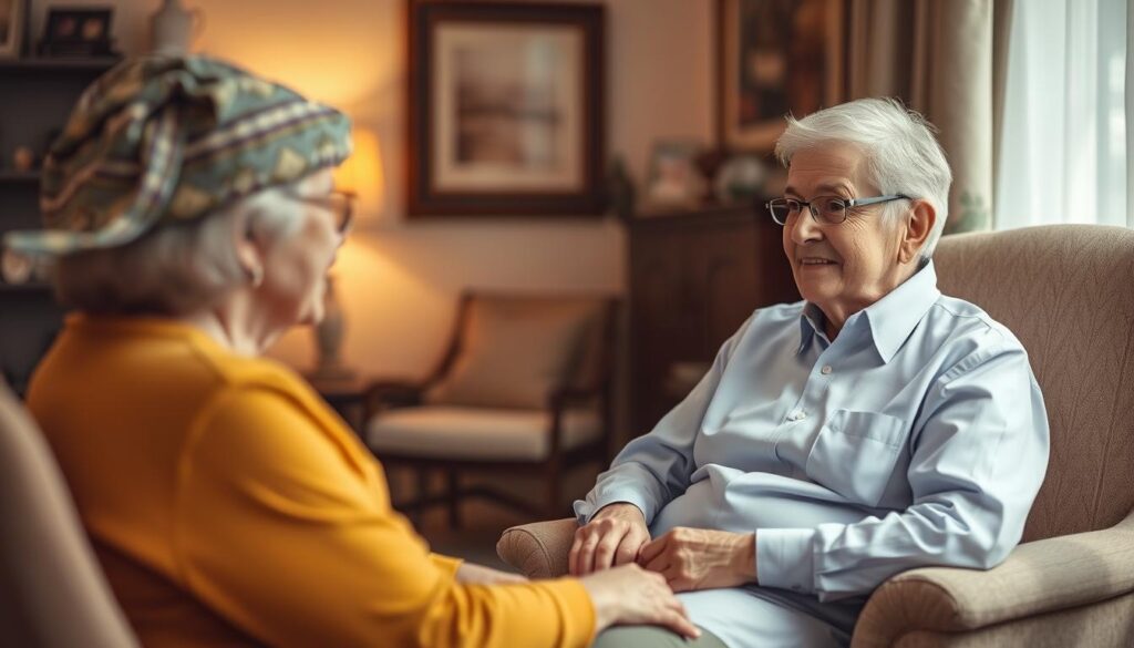 A cozy, well-lit office setting with a visiting home care worker engaged in a warm conversation with an elderly client. The worker sits comfortably on a plush chair, offering a sympathetic ear and a gentle demeanor. Warm lighting casts a soft glow, conveying a sense of care and attentiveness. The background features tasteful furnishings and decor, suggesting a nurturing, domestic environment. The worker's uniform is crisp and professional, reflecting the dignity and importance of their role. An air of quiet tranquility and mutual understanding permeates the scene, capturing the essence of the home care worker's vital contribution to the well-being of their clients.