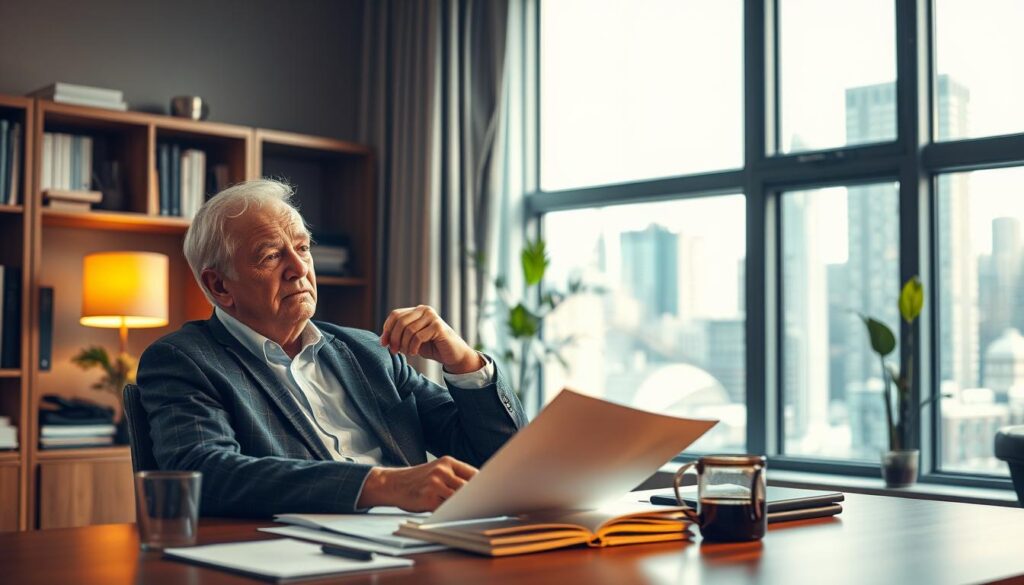 A cozy, well-lit office setting with an elderly businessman sitting at a desk, contemplating his next career move. The foreground features the man's thoughtful expression as he reviews a stack of papers, a cup of coffee nearby. In the middle ground, a bookshelf and potted plant add a sense of professionalism and tranquility. The background showcases a large window overlooking a bustling city, hinting at the new opportunities that await. Warm, soft lighting casts a serene glow, reflecting the man's thoughtful consideration of the common questions and concerns surrounding a late-career transition.