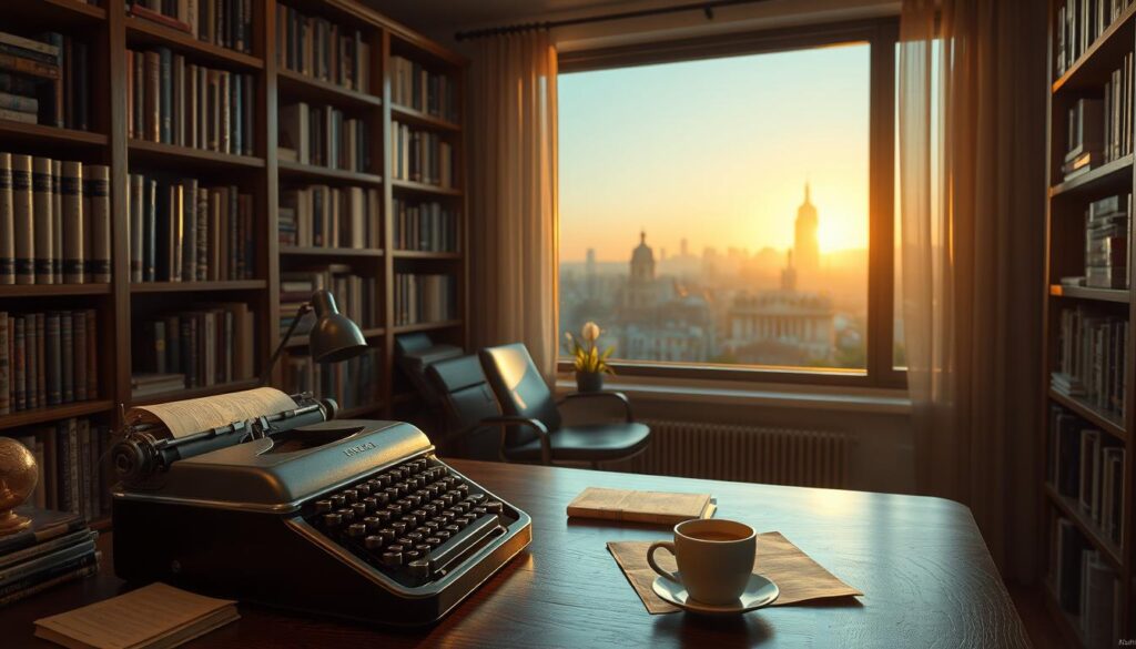 A cozy, well-lit study, with a writer's desk in the foreground featuring a vintage typewriter, a cup of coffee, and a stack of paper. In the middle ground, bookcases line the walls, filled with tomes on storytelling, game design, and creative writing. The background depicts a window overlooking a tranquil urban landscape, bathed in the soft glow of a sunset. The overall atmosphere conveys a sense of focus, inspiration, and the pursuit of crafting compelling narratives for interactive experiences.