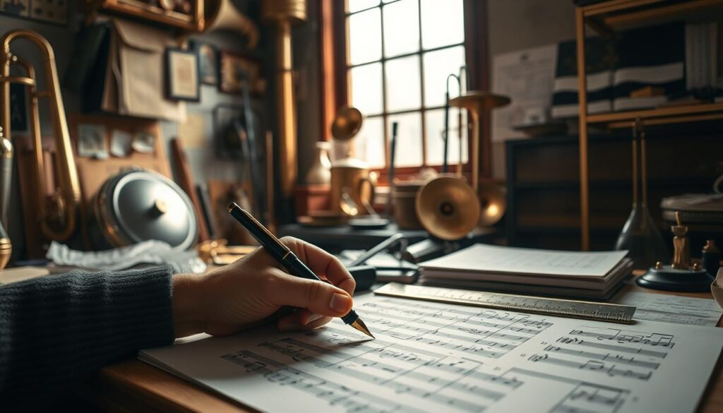A cozy workspace filled with musical notes and instruments, conveying the intricate skills required of a "Shotofuya" (music copyist). In the foreground, a skilled hand delicately sketches sheet music, using a vintage fountain pen and a ruler to ensure precision. The middle ground showcases an array of musical tools - from brass instruments to metronomes and tuning forks, hinting at the breadth of knowledge needed. The background depicts a sun-drenched window, illuminating the dedicated workspace and the passion that drives this unique profession. Soft, warm lighting and muted tones create an atmosphere of focused concentration and artistic expression.