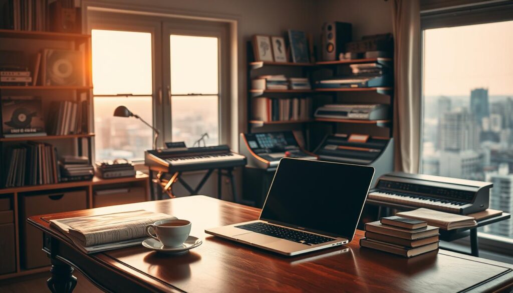 A cozy workspace for the diligent arranger, bathed in warm, soft lighting. In the foreground, an elegant wooden desk holds a sleek laptop, a cup of steaming tea, and a collection of well-worn reference books. In the middle ground, shelves are adorned with vinyl records, synthesizers, and a vintage mixing console, hinting at the arranger's musical prowess. The background features a large window overlooking a serene cityscape, creating a calming, inspirational atmosphere. The overall scene conveys a sense of focus, creativity, and a deep appreciation for the craft of musical arrangement.