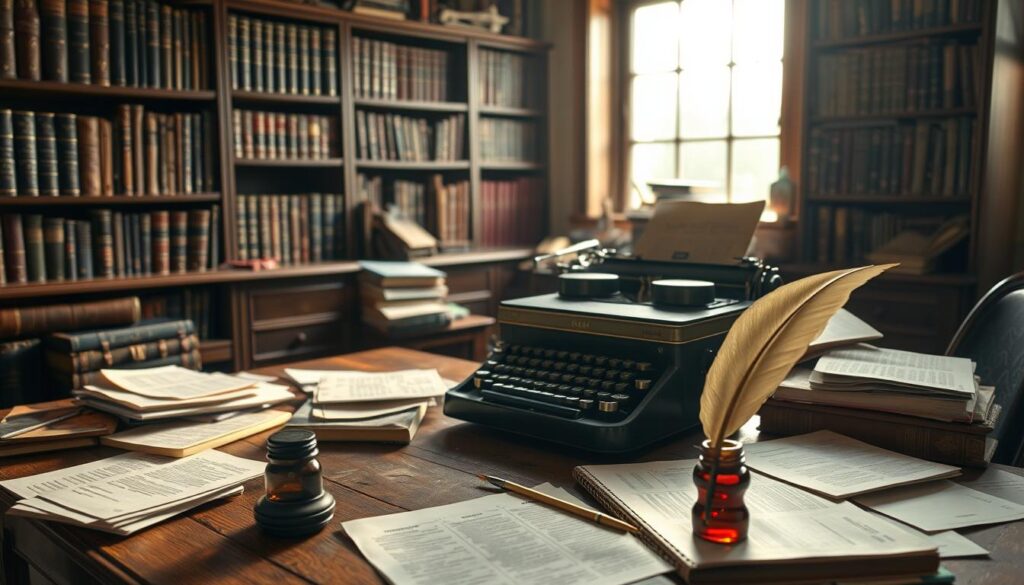 A cozy writer's study with a large wooden desk, scattered piles of papers, and a vintage typewriter. Soft, warm lighting filters through a nearby window, casting a gentle glow on the scene. Bookshelves line the walls, overflowing with leather-bound tomes on fantasy and mythology. In the foreground, a quill pen and ink pot sit ready for the writer's next creative burst. The atmosphere is one of quiet contemplation and literary inspiration, inviting the viewer to imagine the fantastical worlds that could be crafted within this serene space.