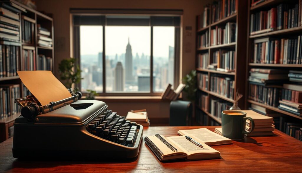 A cozy writer's workspace with a vintage typewriter, stacks of notebooks, and a mug of steaming coffee on a wooden desk. Warm, soft lighting illuminates the scene, casting a contemplative mood. In the background, bookshelves filled with tomes on screenwriting and creative writing lend an air of scholarly inspiration. A window overlooking a bustling city skyline provides a glimpse of the outside world, hinting at the stories waiting to be crafted. The composition evokes the journey of a determined individual, transitioning from inexperience to mastering the craft of screenwriting.