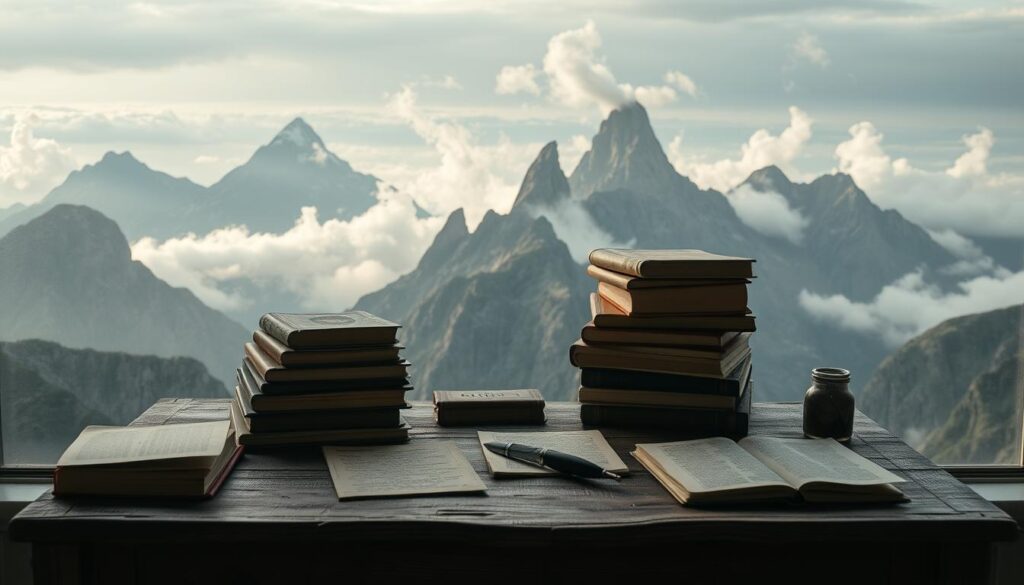 A cozy writing desk set against a vast, fantastical landscape. Piles of books, scattered notes, and a quill pen sit atop the weathered wooden surface, hinting at the creative process of a fantasy author. Soft, warm lighting filters through the window, casting a contemplative glow. In the distance, majestic mountains rise, their peaks piercing a cloudy, ethereal sky. Wisps of mist drift between the towering peaks, adding a sense of mystery and wonder. The overall scene conveys the challenges and inspirations a fantasy writer might face, balancing the demands of their craft with the boundless imagination required to craft enchanting worlds.