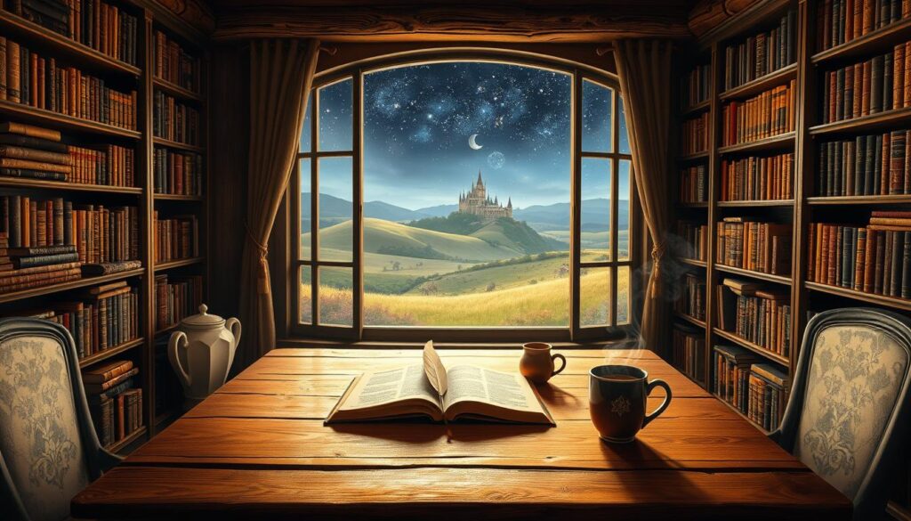 A cozy writing nook in a fantasy realm, with a large wooden desk illuminated by a warm, ambient light. On the desk, an open notebook, a quill, and a steaming mug of tea. Bookshelves line the walls, overflowing with tomes of mythical creatures and far-off lands. A large window looks out to a landscape of rolling hills, a distant castle, and a starry night sky. The room has a sense of tranquility and inspiration, inviting the viewer to imagine themselves as a fantasy author, crafting their own enchanting stories.