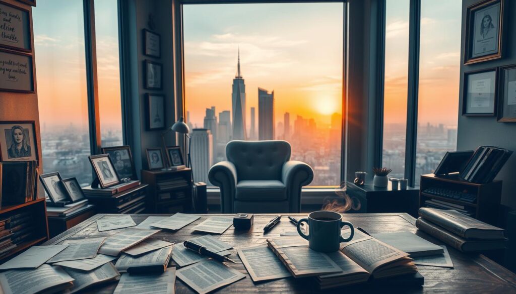 A cozy writing studio with a panoramic view of a bustling city skyline. In the foreground, a well-worn desk is littered with scattered pages, a fountain pen, and a steaming mug of coffee. Soft, warm lighting filters in through large windows, casting a golden glow on the scene. On the walls, inspirational quotes and sketches of characters mingle with framed awards and accolades. In the middle ground, a plush armchair beckons, inviting the writer to sink in and let their imagination soar. The background is a hazy silhouette of skyscrapers against a vibrant sunset, hinting at the limitless possibilities that await the seasoned storyteller.