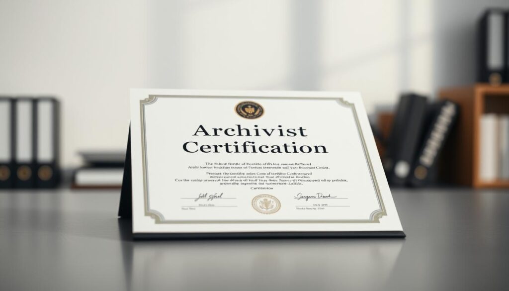 A crisp, professional image of the "archivist certification" showcasing a certificate or diploma on a clean, minimalist desk. The certificate is centered and well-lit, with a soft, elegant lighting that casts subtle shadows. The background is blurred, creating a sense of depth and focus on the certification. The image conveys a mood of accomplishment, expertise, and the importance of formal archivist credentials. The angle is slightly elevated to give a sense of authority and significance to the certification.