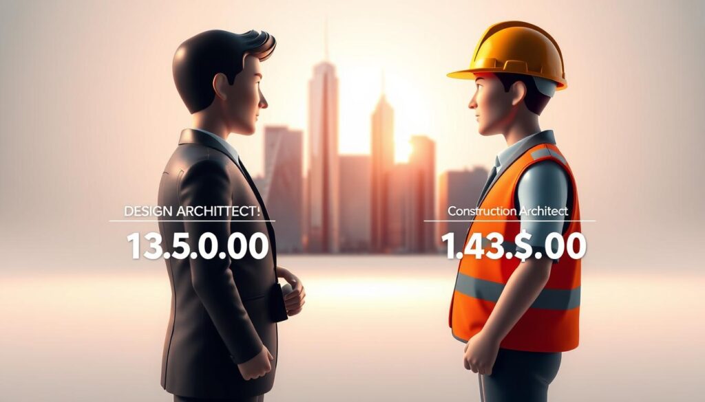 A crisp, professionally rendered image depicting a side-by-side comparison of the average annual incomes for design architects and construction architects. In the foreground, two detailed character models stand facing each other, one in a sleek suit representing the design architect, the other in a hard hat and safety vest representing the construction architect. Behind them, a minimalist cityscape with modern high-rise buildings forms the middle ground, bathed in warm, directional lighting that casts dramatic shadows. The background fades into a softly blurred, neutral palette to keep the focus on the central comparison. The overall mood is one of authoritative professionalism, highlighting the distinct career paths and financial rewards for these two crucial roles in the architecture industry.