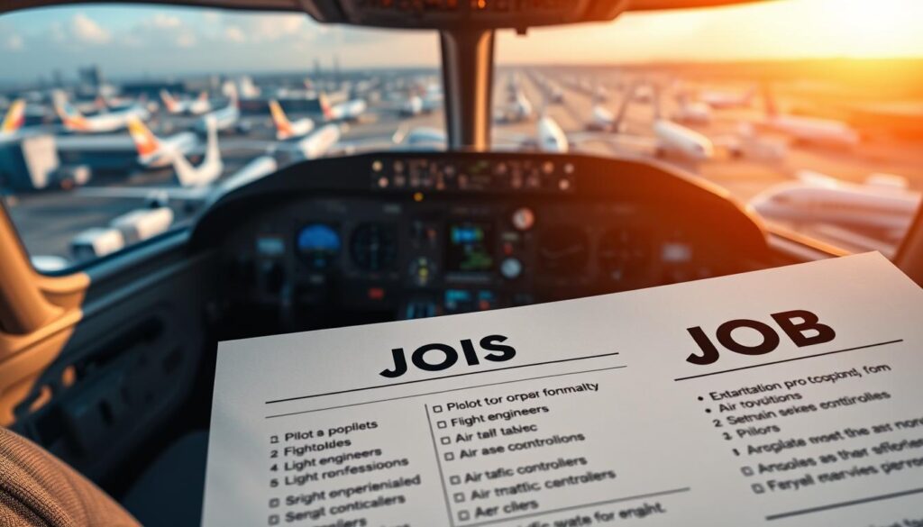 A crisp, well-lit image of an airplane cockpit, with the controls and instrument panel in sharp focus, capturing the technological sophistication of the aircraft. In the foreground, a job posting is prominently displayed, highlighting the various open positions for aviation professionals, such as pilots, flight engineers, and air traffic controllers. The middle ground features a panoramic view of the airport tarmac, with a fleet of diverse aircraft in the background, creating a sense of scale and industry. The lighting is warm and inviting, conveying the excitement and opportunity of a career in the aviation sector. The overall composition emphasizes the dynamic nature of the aviation industry and the wide range of employment possibilities it offers.