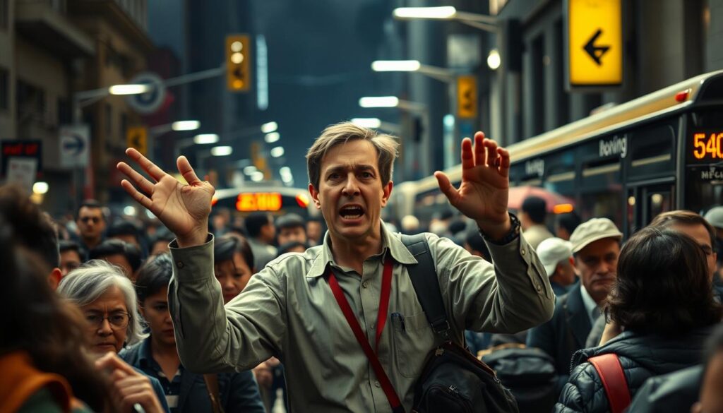 A crowded city street at rush hour, a beleaguered bus guide gestures and shouts amidst a sea of impatient commuters. The guide's uniform is disheveled, face strained with exasperation. Harsh fluorescent streetlights cast long shadows, creating a claustrophobic atmosphere. Commuters jostle and push, their expressions harried. In the background, a bus idles, its destination sign flickering. The guide's body language conveys the strain and challenges of the job - navigating crowds, managing schedules, and dealing with frustrated passengers, all under the glare of the urban landscape.