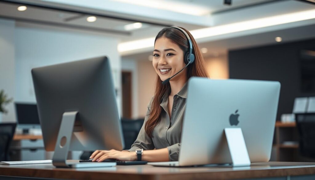 A customer service representative sitting at a modern desk, focused on their computer screen, with a warm and welcoming expression. In the background, a neatly organized office space with muted tones and clean lines, creating a professional yet approachable atmosphere. Soft, directional lighting illuminates the scene, highlighting the representative's attentiveness and the attention to detail in the workspace. The composition emphasizes the importance of personalized, efficient, and empathetic customer interactions, embodying the essence of "顧客対応の実践テクニック".