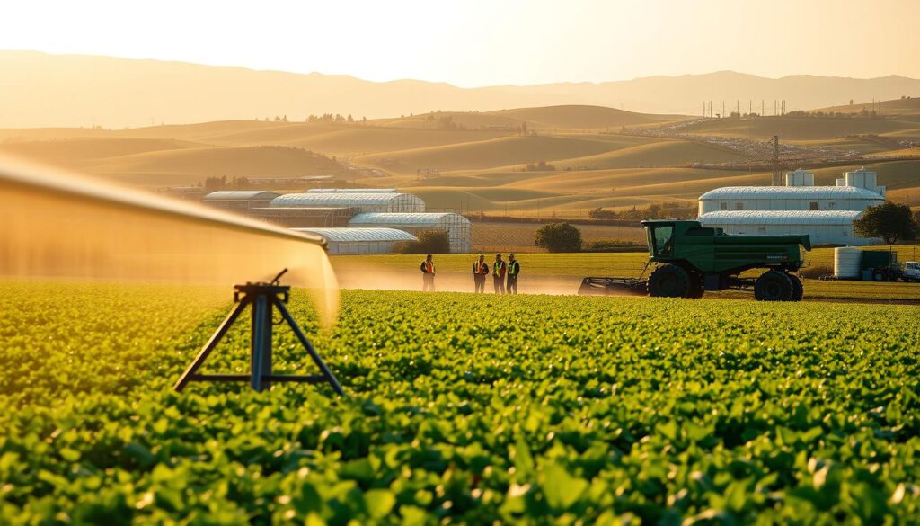A cutting-edge agricultural engineering landscape, bathed in warm, golden sunlight. In the foreground, a state-of-the-art irrigation system sprays a gentle mist over lush, verdant farmland. Midground, a team of engineers in reflective safety gear examines a sleek, robotic harvester navigating the fields with precision. In the background, a panoramic view of rolling hills dotted with innovative greenhouses and high-tech silos, showcasing the latest advancements in sustainable, precision-driven agriculture. An atmosphere of progress, innovation, and a harmonious integration of technology and nature.