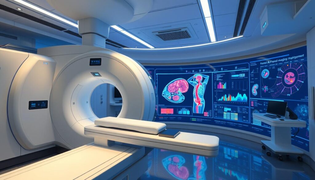 A cutting-edge medical imaging suite, bathed in cool, clinical lighting. In the foreground, a state-of-the-art diagnostic scanner with sleek, minimalist design, capturing intricate details of the human body. The middle ground features a dynamic 3D rendering of a cross-section, revealing the inner workings of the anatomy. In the background, a panoramic display showcases the latest advancements in AI-powered image analysis, with colorful visualizations and data visualizations. The overall atmosphere conveys the precision, innovation, and technological prowess of the modern medical imaging field.