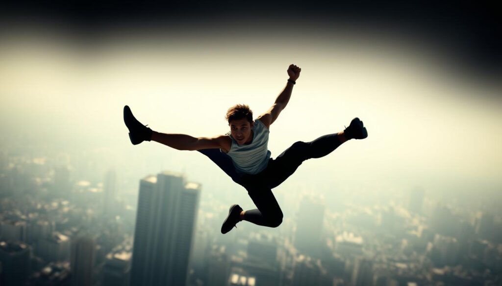 A daring stunt performer mid-leap, plummeting from a great height with unwavering focus. Dramatic shadows cast across their athletic form, accentuating the tension and risk of the moment. The background blurs into a hazy urban skyline, emphasizing the performer's singular act of bravery. Bright, directional lighting illuminates the scene, creating a cinematic atmosphere of excitement and danger. The stunt is executed with precision and control, showcasing the performer's exceptional skills and training. This image captures the essence of the stunt person's craft - the blend of physical prowess, mental fortitude, and sheer nerve required to pull off such a perilous maneuver.