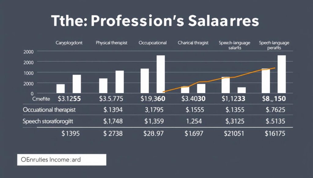 A data visualization chart depicting the annual income comparison across various rehabilitation professions, including physical therapists, occupational therapists, and speech-language pathologists. The chart is displayed on a sleek, minimalist background with clean lines and a neutral color palette, allowing the data to take center stage. The information is presented in a clear and easily digestible format, using a combination of bar graphs, line charts, and numerical data to convey the relative earning potential of each field. The overall impression is one of professionalism and authority, providing a reliable and informative visual aid for the article's "Other Professions' Salaries" section.