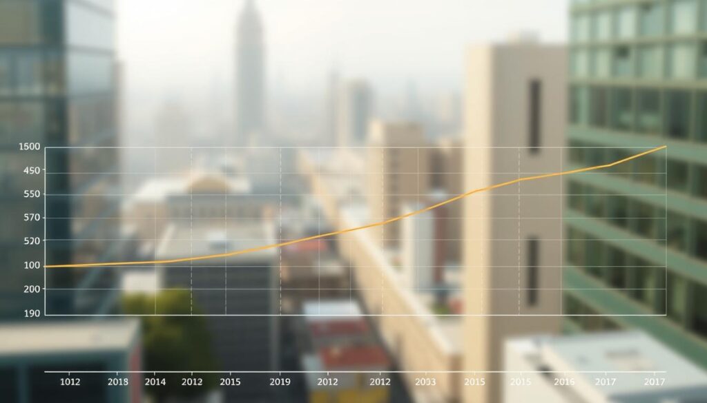 A data visualization depicting the income trajectory of individuals over their lifespan. In the foreground, a line graph illustrates the average annual earnings of people across different age groups, rendered in a clean, minimalist style with a muted color palette. The middle ground features subtle gridlines and numerical labels to provide context. The background showcases a soft, blurred cityscape, hinting at the urban professional environment. The overall scene conveys a sense of progress, career development, and the financial realities faced by individuals throughout their working lives.