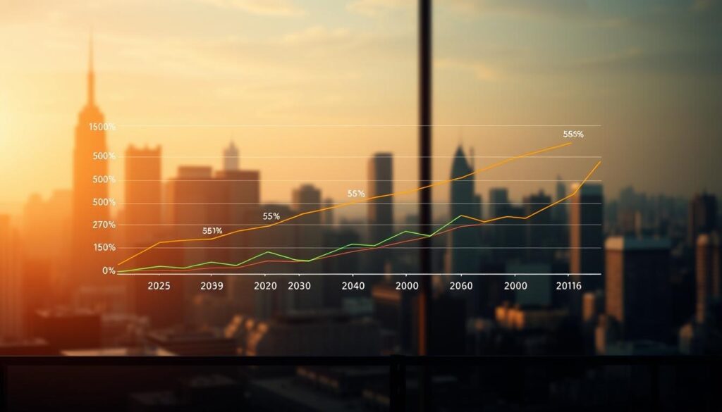 A data visualization showcasing the change in annual income across different career transition case studies. In the foreground, a line graph depicting the salary trajectory of several individuals, with each line representing a unique career path. The background features an abstract city skyline, hinting at the urban professional landscape. The scene is illuminated by warm, directional lighting, creating a sense of depth and emphasizing the data visualization. The overall mood is one of insightful analysis, reflecting the article's exploration of the consulting profession's financial rewards.