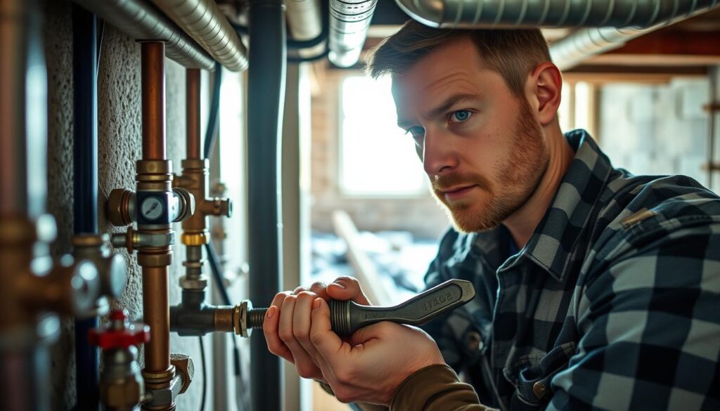A day in the life of a plumber: an early morning start, tools in hand, heading to the job site. A close-up view captures the intricate web of pipes, fittings, and valves, with the plumber's skilled hands expertly navigating the compact workspace. In the middle ground, the plumber uses a wrench to tighten a joint, brow furrowed in concentration. The background reveals the broader environment - a construction site or a residential basement, with natural light filtering in through windows. The mood is one of focused determination, as the plumber tackles the challenges of the day, ensuring the smooth flow of water and the proper functioning of the plumbing system.
