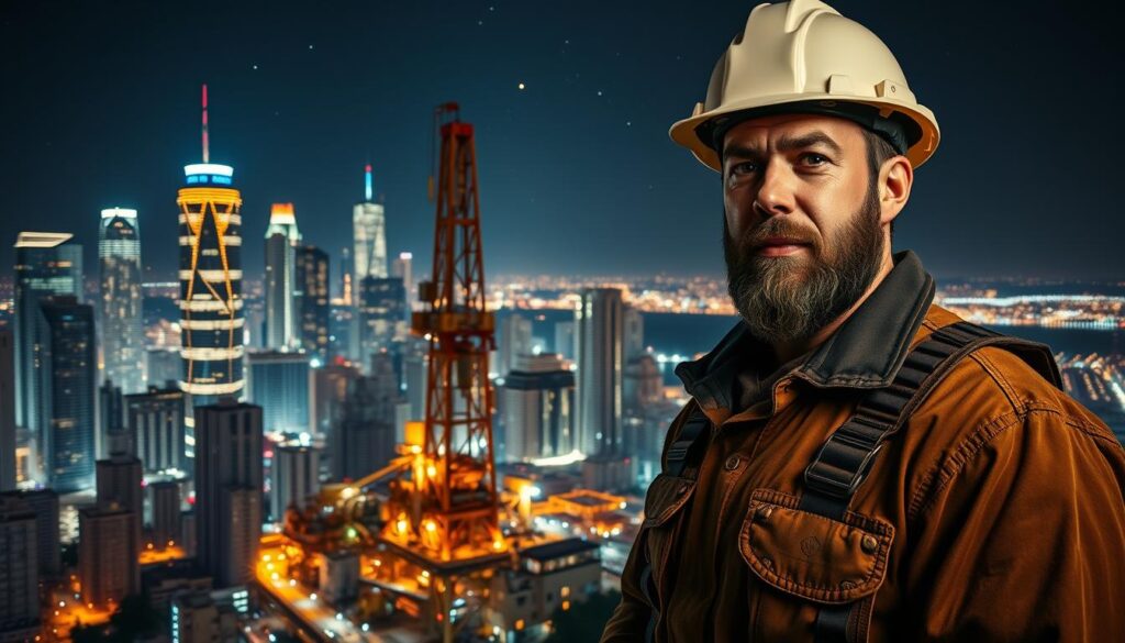 A dazzling cityscape at night, with skyscrapers and bright lights illuminating the scene. In the foreground, a rugged, hardworking driller stands proudly, wearing a hard hat and safety gear, his expression one of determination and purpose. The midground showcases a bustling oil rig, with cranes and machinery at work, casting a warm glow across the urban landscape. In the background, a starry sky and a distant horizon hint at the global scale of the oil and gas industry. The lighting is dramatic, with sharp contrasts and a moody, atmospheric feel, capturing the high-stakes, high-reward nature of the driller's profession and the substantial annual income that comes with it.