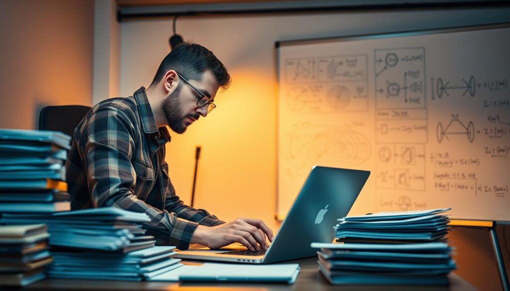 A dedicated network engineer studying intently, surrounded by a clean, minimalist workspace. Stacks of technical manuals, a laptop displaying network diagrams, and a whiteboard filled with complex algorithms. Warm, indirect lighting casts a contemplative atmosphere, as the engineer leans forward, deeply absorbed in mastering the intricacies of network architecture and troubleshooting. The scene conveys a sense of focus, determination, and the pursuit of technical excellence - the hallmarks of a diligent network professional honing their craft.