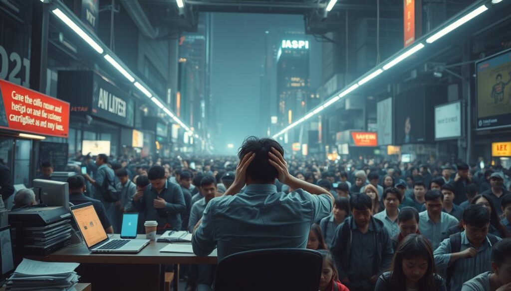 A densely populated urban landscape under harsh fluorescent lighting, conveying the overwhelming sense of modern life. In the foreground, a figure sits hunched at a desk, laptop glowing, hands clutching their head in distress. Around them, a cacophony of distractions - ringing phones, flashing screens, stacks of papers. The middle ground is filled with a crowd of faceless commuters, expressions tense, bodies pressed together. In the distant background, towering skyscrapers loom, a maze of windows and concrete. The overall atmosphere is one of tension, anxiety, and the relentless pressures of contemporary society.