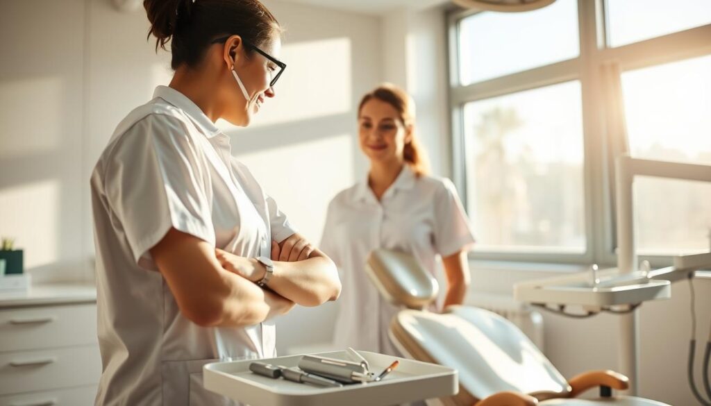 A dental assistant providing expert support during a patient examination, wearing a pristine white uniform and standing attentively beside the dentist. The clinic is bathed in warm, natural lighting filtering through large windows, creating a calming, professional atmosphere. The dental chair is positioned prominently, with various medical instruments and equipment neatly arranged on a tray nearby. The assistant's posture is poised, conveying a sense of competence and care as they assist the dentist in delivering high-quality dental care.