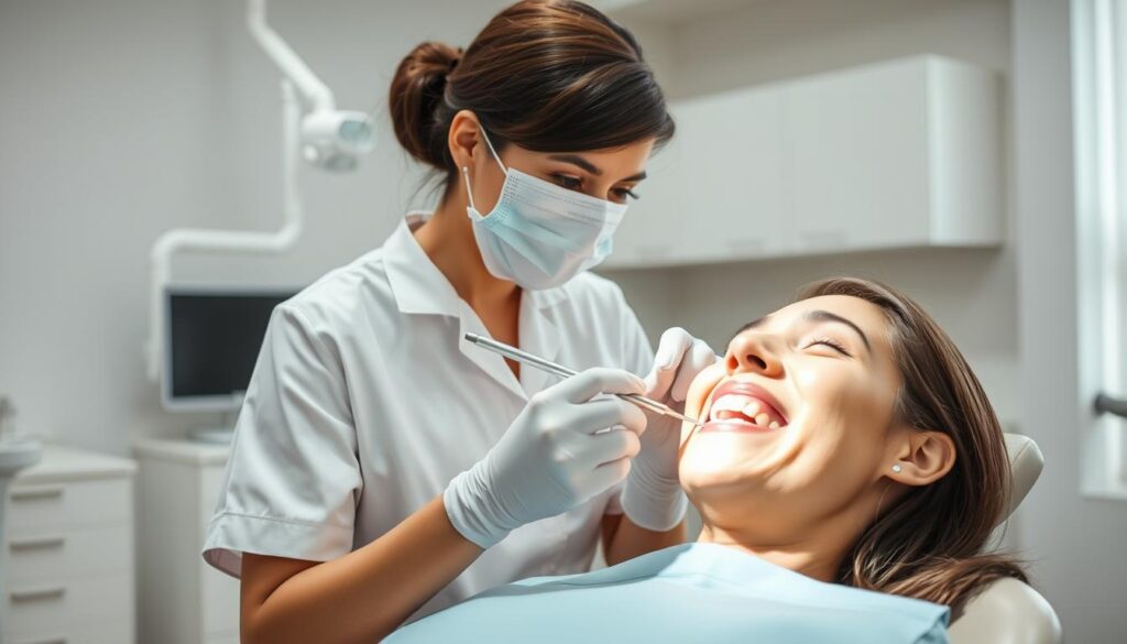 A dental hygienist performing a preventive procedure in a bright, modern dental office. The hygienist, wearing a crisp white uniform and face mask, is carefully scaling the patient's teeth with a precision instrument, removing plaque and tartar. The patient, relaxed in the dental chair, has an open, approachable expression. Soft, directional lighting illuminates the scene, creating a calming atmosphere. The background features clean, minimalist decor with muted colors, allowing the hygienist's actions to be the focal point. Attention to detail is evident in the ergonomic design of the equipment and the hygienist's meticulous technique.