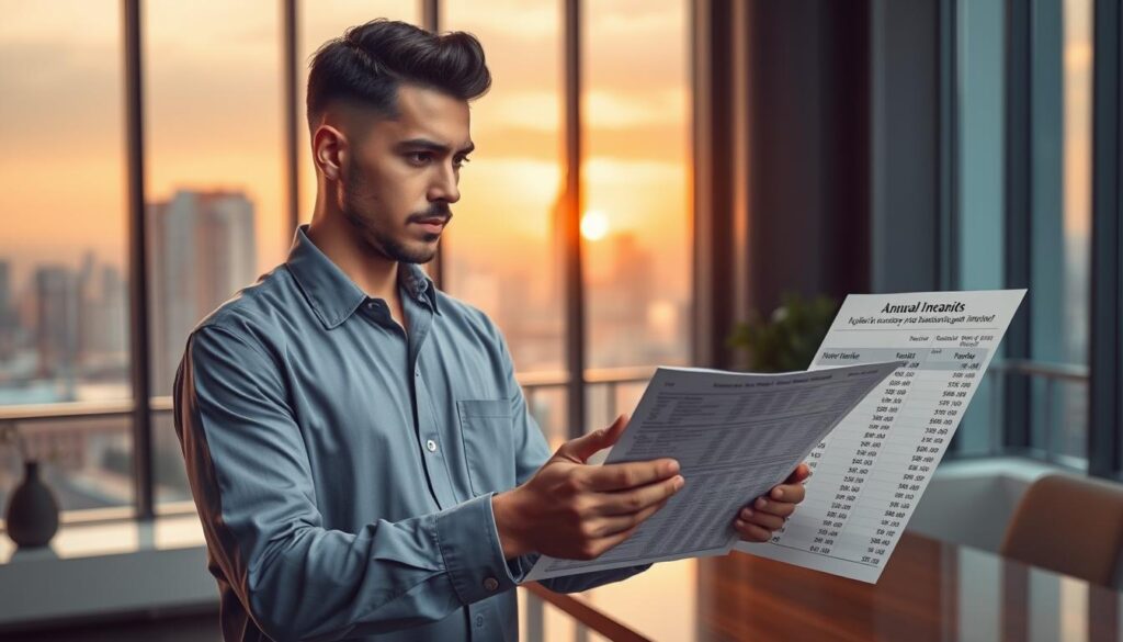 A detailed analysis of a cleaning professional's annual income, showcased in a meticulously rendered scene. The foreground depicts the cleaner, dressed in a crisp uniform, examining a spreadsheet with a pensive expression. In the middle ground, a sleek, modern office setting with minimalist decor provides context. The background features a cityscape visible through large windows, bathed in a warm, golden hue from the setting sun. The lighting is soft and directional, creating depth and highlighting the subject's contemplative mood. The overall composition conveys a sense of professionalism, attention to detail, and the financial considerations inherent in the cleaning industry.