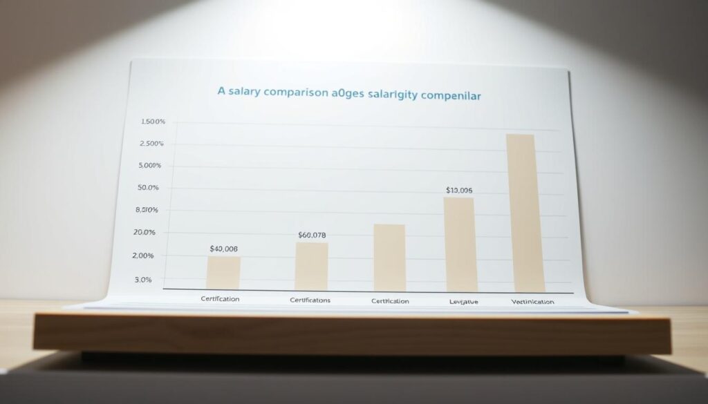 A detailed and carefully composed graph depicting the salary comparison across different caregiving qualifications. The graph should have a clean, minimalist design with clear bars or lines showcasing the differences in average compensation based on certification level. The visualization should be presented against a neutral background, possibly with subtle gridlines or axes to provide context, but the focus should remain on the comparative data. Lighting should be soft and diffused, creating an professional, informative atmosphere. The overall aesthetic should feel modern, data-driven and easy to interpret at a glance, complementing the informational nature of the image.
