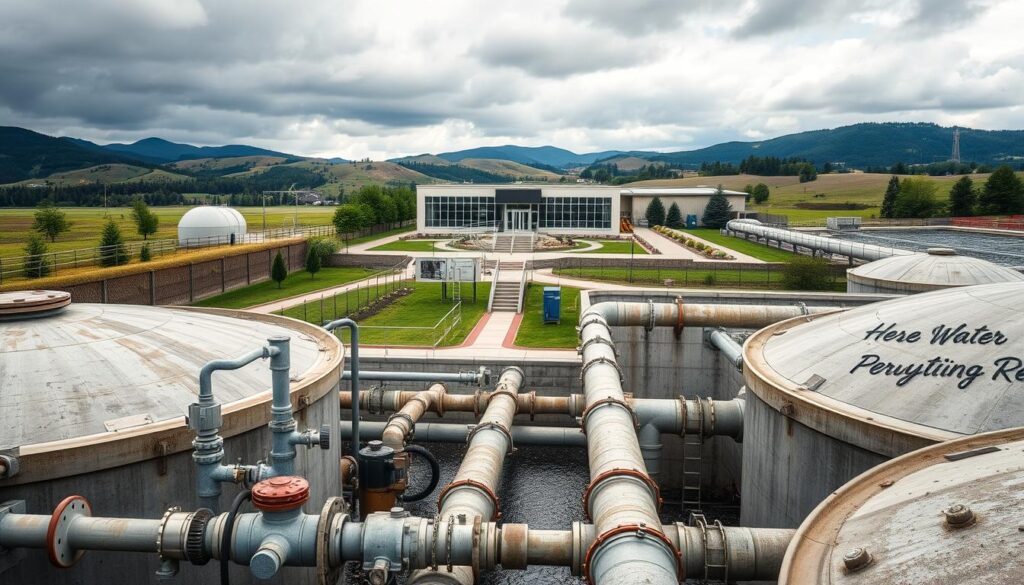 A detailed and functional sewage treatment facility in a serene industrial landscape. In the foreground, a series of large concrete tanks and pipes, with valves, meters, and other technical equipment. In the middle ground, a control building with large windows, surrounded by paved walkways and landscaped greenery. In the background, rolling hills and a cloudy sky, creating a sense of scale and tranquility. The scene is illuminated by soft, diffused lighting, emphasizing the technical complexity and environmental harmony of the water infrastructure. The overall composition conveys the essential yet often unnoticed role of water management in modern society.