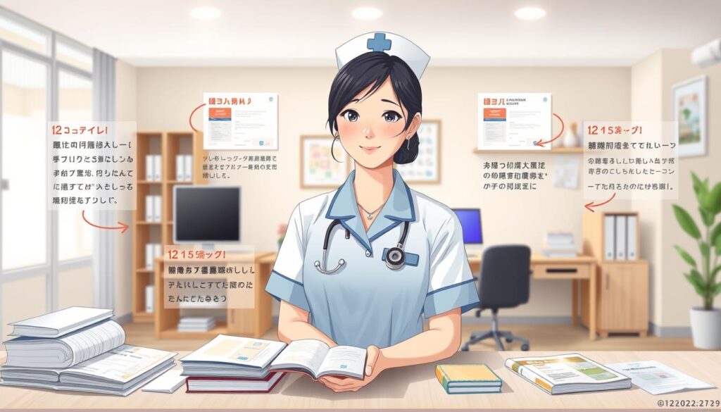 A detailed and informative illustration of the steps to obtain a care worker certification in Japan. A serene, well-lit scene depicting a professional woman in a nursing uniform, surrounded by educational materials and certifications. The foreground showcases key milestones such as completing training courses, passing exams, and receiving the official care worker license. The middle ground features a desk with a computer, books, and other study resources. The background shows a tranquil, healthcare-themed environment with clean, muted colors to convey a sense of professionalism and care. Realistic textures, soft lighting, and a composed, aspirational tone capture the journey towards becoming a certified care worker.