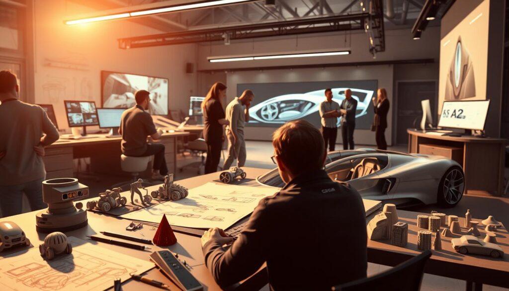 A detailed and technical illustration of the car design process. In the foreground, a designer's desk with sketches, CAD models, and 3D printed prototypes. In the middle ground, a team of designers collaborating on a new vehicle concept, using a large interactive display and discussing design ideas. In the background, a state-of-the-art car design studio with high-tech equipment, advanced rendering software, and a sleek, minimalist aesthetic. Bright, directional lighting illuminates the scene, casting dramatic shadows and highlighting the intricate details of the design workflow. The overall tone is one of creative energy, innovation, and the relentless pursuit of automotive excellence.