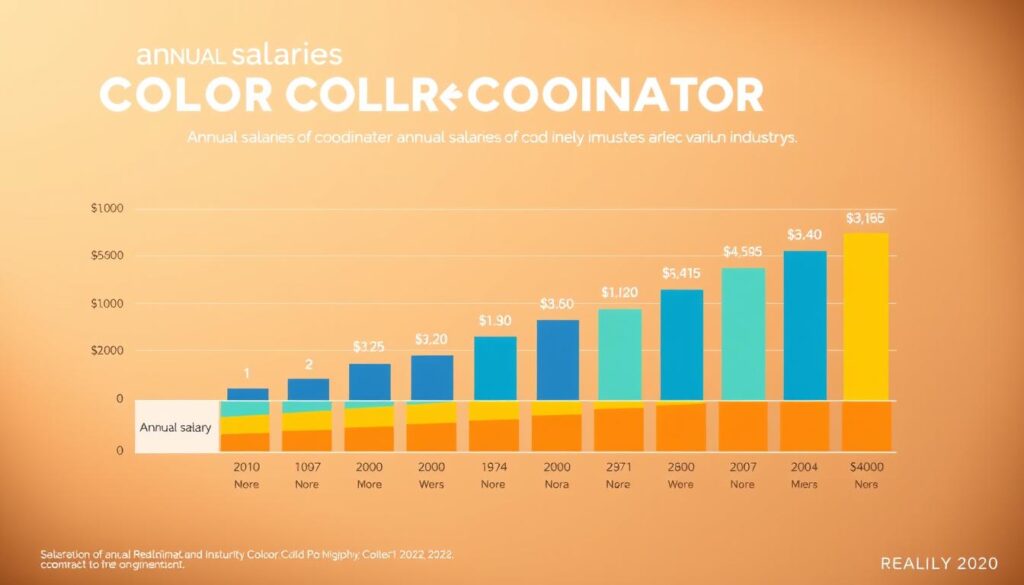 A detailed and visually engaging infographic comparing the annual salaries of color coordinators across various industries. The foreground features a clear bar chart showcasing the salary ranges, with distinctive color palettes for each sector. The middle ground provides subtle iconography and subtle textures to complement the data visualization. The background has a soft, muted gradient that establishes a professional, corporate atmosphere. The lighting is warm and balanced, with a slight depth-of-field effect to draw the viewer's focus. The overall composition is clean, modern, and designed to effectively communicate the relevant salary information to the article's target audience.