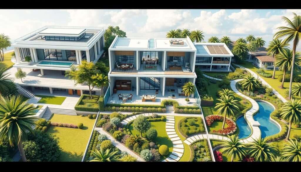 A detailed architectural illustration depicting the three main domains of architectural design: Architectural Design, Interior Design, and Landscape Architecture. The scene showcases three distinct zones, each with its own unique style and aesthetic. The Architectural Design area features a grand, modern building with sleek lines and large windows. The Interior Design zone presents a luxurious, well-appointed living space with elegant furnishings and decor. The Landscape Architecture section showcases a lush, meticulously designed outdoor space with vibrant flora, water features, and winding pathways. The image is rendered in a realistic, photographic style with natural lighting, creating a sense of depth and authenticity. The overall composition conveys the multifaceted nature of the architectural profession.