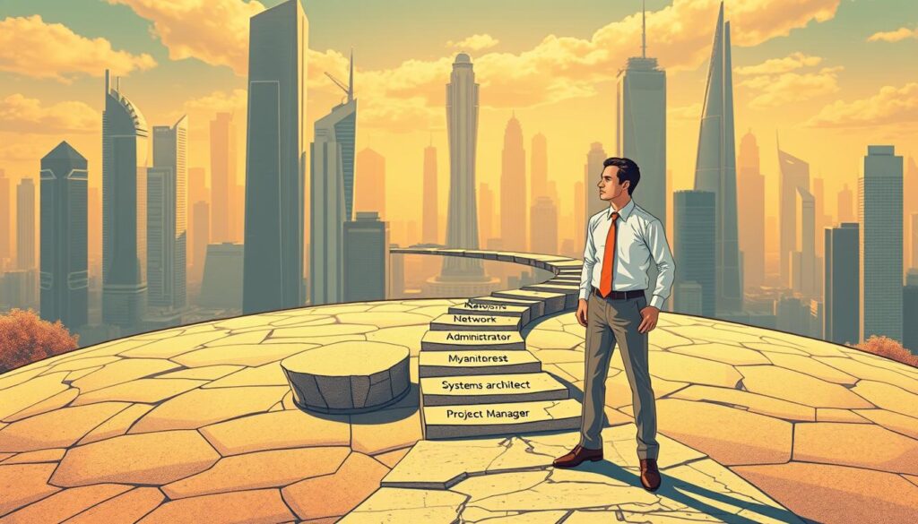 A detailed, architectural illustration of a network engineer's career path, showcasing a winding road leading through various stages of professional growth. In the foreground, a figure in a crisp, white shirt and tie stands at a crossroads, contemplating their next steps. The middle ground depicts a series of stepping stones, each representing a distinct role or specialization, such as network administrator, systems architect, and project manager. The background features a cityscape of towering, futuristic buildings, symbolizing the ever-evolving technological landscape. Warm, directional lighting casts dramatic shadows, evoking a sense of determination and forward momentum. The overall composition conveys the dynamic, multifaceted nature of a network engineer's career progression.