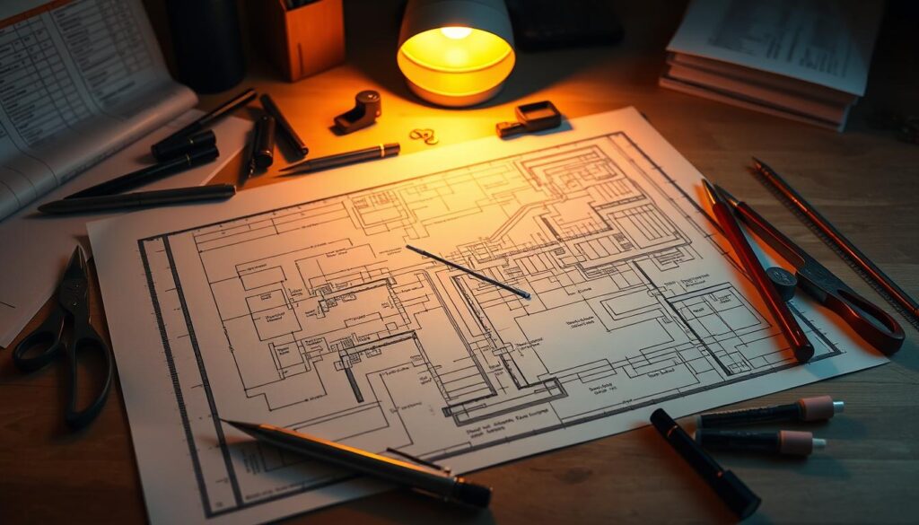 A detailed architectural plan laid out on a drafting table, illuminated by a warm, focused light source. Precision engineering tools and instruments neatly arranged around the layout, conveying the technical expertise of an agricultural civil engineering consultant. The plan features intricate schematics for an irrigation system, with detailed annotations and measurements. The atmosphere is one of focused concentration and problem-solving, reflecting the consultant's role in meticulously designing infrastructure to support sustainable agriculture.