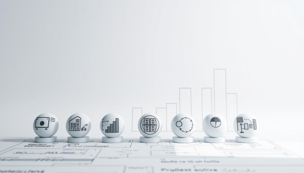 A detailed architectural schematic against a clean, minimalist backdrop. In the foreground, seven icons representing the key professional skills of a construction consultant: project management, engineering design, cost estimation, regulatory compliance, sustainability, communication, and problem-solving. The icons are rendered in a muted color palette, casting soft shadows to create depth. The middle ground features clean, crisp lines and geometric shapes suggestive of blueprints or technical diagrams. The background is a serene, neutral gradient, allowing the focal elements to stand out with clarity and focus. Gentle side lighting casts subtle highlights, lending a sense of dimensionality and professionalism to the scene.