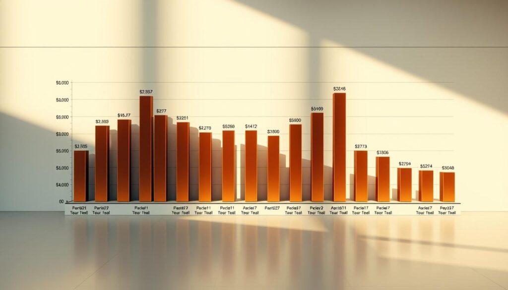 A detailed bar chart depicting annual salaries across various industries, set against a clean, minimalist background. The bars are rendered in a warm, metallic palette, with the heights precisely capturing the relative pay scales. The chart is framed by a modern, architectural setting, suggesting a professional, data-driven analysis. Subtle, strategic lighting casts dramatic shadows, adding depth and visual interest. The overall composition conveys a sense of authority and credibility, suitable for inclusion in a serious journalistic article.