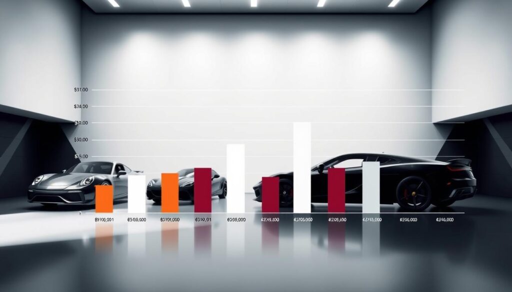 A detailed bar chart depicting the annual income ranges for automotive designers, showcased against a sleek, modern backdrop. The foreground features precise data visualizations with distinct bars representing different designer roles, from entry-level to senior positions. The middle ground showcases silhouettes of luxury car models, hinting at the design influence of these professionals. The background is a minimalist, high-contrast environment, with subtle automotive-inspired shapes and patterns, creating a sense of technical sophistication. Soft, directional lighting accentuates the chart's crisp lines and the elegant car forms, conveying a tone of professionalism and authority suitable for an informative article on car designer careers and salaries.