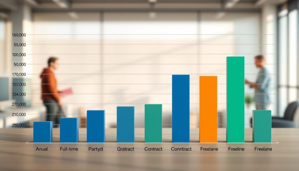 A detailed bar chart depicting the annual salary comparison across various employment types. The foreground showcases well-defined bars representing different job categories such as full-time, part-time, contract, and freelance. The middle ground presents a clean, minimalist backdrop with subtle grid lines to accentuate the data. The background features a softly blurred professional office environment, creating a sense of context. The lighting is natural and balanced, casting gentle shadows to add depth and dimension. The overall color palette is muted and professional, with a focus on clear data visualization to convey the nuances of earnings based on employment status.