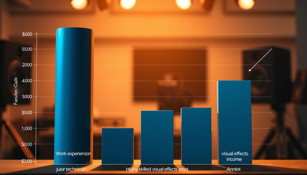 A detailed bar chart depicting the correlation between work experience, technical skills, and annual income in the television industry. The foreground showcases three distinct columns, each representing a television professional - a junior technician, a seasoned director, and a highly skilled visual effects artist. The middle ground features vivid data visualizations, with crisp lines, subtle gradients, and a minimalist color palette of blues and grays to convey a sense of professionalism. The background is a softly blurred studio environment, hinting at the technical nature of the subject matter. Warm, directional lighting casts subtle shadows, creating depth and emphasizing the data-driven nature of the illustration. The overall mood is one of analytical precision, highlighting the importance of experience and specialized skills in determining earning potential within the television industry.