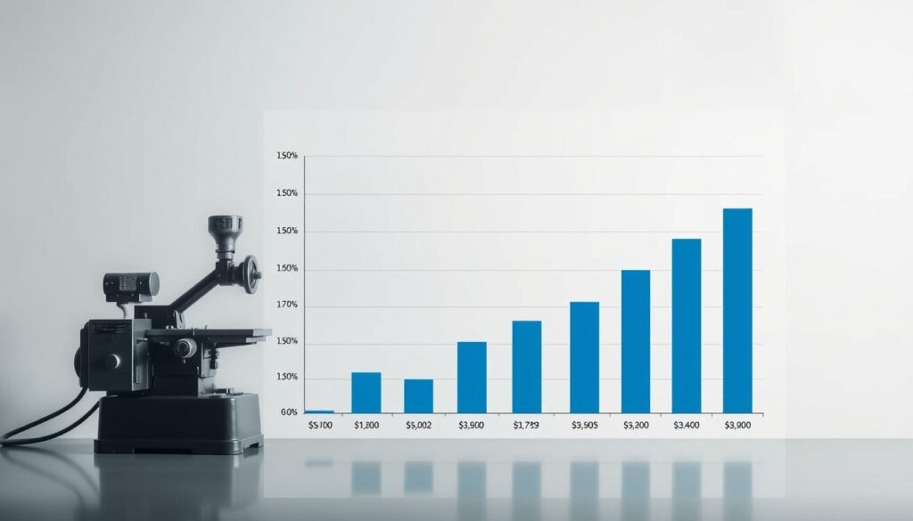 A detailed bar chart displaying annual income and salary data for a skilled machinist operating a milling machine. The chart is positioned against a clean, minimalist background, with a soft neutral palette of grays and blues to maintain a professional, informative tone. The chart elements are crisp and legible, with clear labeling and gridlines to convey the statistical information effectively. Diffused lighting casts a subtle glow, creating depth and dimensionality. The overall scene communicates the subject's career earnings in a visually compelling and data-driven manner.