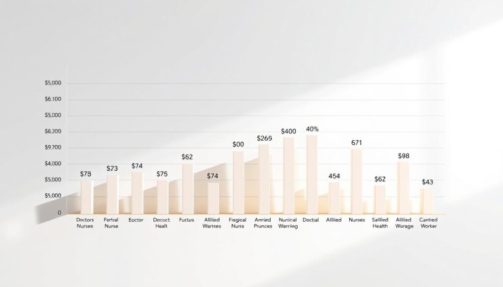 A detailed bar chart displaying annual salaries of various medical professionals, including doctors, nurses, and allied health workers. The chart is rendered in a clean, minimalist style with a neutral color palette, allowing the data to take center stage. The layout is well-balanced, with clear separation between the bars and intuitive labeling. Subtle lighting from the side creates depth and highlights the dimensional nature of the chart. The overall tone is professional and informative, conveying the meaningful comparison of incomes across the healthcare field.