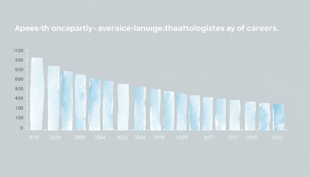 A detailed bar chart illustrating the steady rise in average annual salaries for speech-language pathologists over the course of their careers. The chart is displayed against a clean, minimalist background, with muted gray and blue tones. The bars are rendered with a semi-transparent, watercolor-like finish, creating a soft, elegant aesthetic. The x-axis represents years of experience, while the y-axis shows the corresponding salary levels. The chart conveys the gradual, consistent growth in earnings as these healthcare professionals gain more expertise and seniority over time.