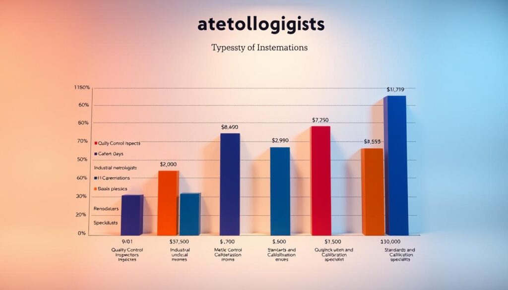A detailed bar chart showing the comparative annual incomes of different types of metrologists, illuminated by warm studio lighting and captured with a high-resolution camera lens. The chart prominently displays the income ranges and average salaries for various metrologist roles, such as quality control inspectors, industrial metrologists, and standards and calibration specialists. The chart is presented against a clean, minimalist background that allows the data visualization to be the focal point, conveying a sense of professionalism and expertise. The overall mood is one of informative clarity, allowing the viewer to easily understand and compare the earning potential within this specialized field.